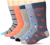 Amazon Essentials Lot de 5 paires de chaussettes confortables à motifs pour homme Bleu/gris/bleu marine/pois oranges/rayures Taille 36-46