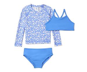 Amazon Essentials Maillot de Bain Bikini Trois pièces à Manches Longues pour Fille, Bleu/Petites Fleurs, Taille XXL