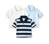 Amazon Essentials Polo en Coton Piqué avec Élasthanne Garçon, Lot de 3, Blanc/Bleu Clair/Motif Rayures Rugby, 9 ans
