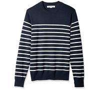 Amazon Essentials Pull à Col Rond et Manches Longues, 100% Coton (Disponible en Grandes Tailles et Grandes Longueurs) Homme, Bleu Marine Foncé Blanc Rayures, XL