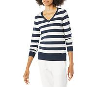 Amazon Essentials Pull Léger à Manches Longues et Col en V Femme, Blanc Bleu Marine Motif Rayures Rugby, XS