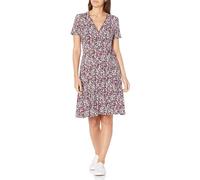 Amazon Essentials Robe à Manches Courtes Effet Portefeuille Longueur Genou Femme, Bleu Marine Jaune Floral, XS