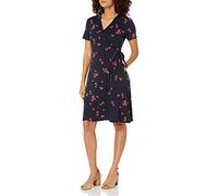 Amazon Essentials Robe Effet Cache-cœur à Manches Courtes Femme, Bleu Marine Rouge Fleurs, M