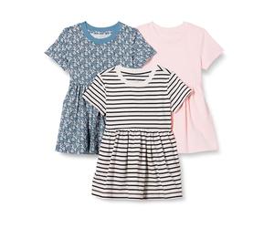 Amazon Essentials Robe en jersey à manches courtes Fille, Lot de 3, Fleuri/Rose Pâle/Tissu Rayé, 6-7 ans