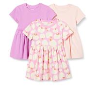 Amazon Essentials Robe en jersey à manches courtes Fille, Lot de 3, Mauve/Pommes/Rose, 4 ans