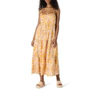 Amazon Essentials Robe Longue à Volants Taille Empire en Satin de Coton pour Femme, Coupe ajustée et évasée, Jaune doré, Beige Multi Folk Floral, Taille L