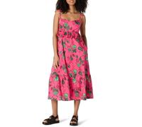 Amazon Essentials Robe Mi-Longue à Volants en Satin de Coton, Taille Empire, Coupe Ajustée et Évasée Femme, Rose Incandescent Rouge Leafy Floral, XS