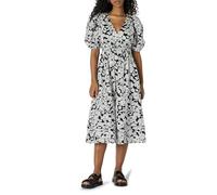 Amazon Essentials Robe Mi-Longue en Satin de Coton à Manches Bouffantes et Col en V, Coupe Ajustée et Évasée Femme, Noir Ivoire Folk Floral, XS