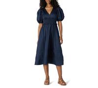 Amazon Essentials Robe Mi-Longue en Satin de Coton à Manches Bouffantes et Col en V, Coupe Ajustée et Évasée Femme, Bleu Marine, XXL
