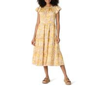 Amazon Essentials Robe midi à Volants en Satin de Coton Coupe décontractée à col Ras-du-Cou pour Femmes, Jaune doré Beige Motif Floral Multi Folk, Taille XS