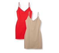 Amazon Essentials Robe Nuisette À Superpositions en Coton Coupe Ajustée Femme, Lot de 2, Havane/Rouge Coquelicot Vif, XXS