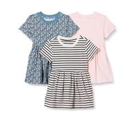 Amazon Essentials Robe T-shirt Ajustée et Évasée à Manches Courtes en Jersey de Coton Fille, Lot de 3, Fleuri/Rose Pâle/Tissu Rayé, 3 ans