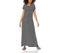 Amazon Essentials Robe Très Longue Fluide à Manches Courtes Femme, Noir Blanc Tissu Rayé, M