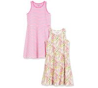Amazon Essentials Robes de Jeu sans Manches en Tricot Fille, Lot de 2, Blanc Fleuri/Rose Rayures, 2 Ans
