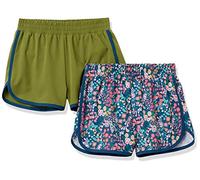 Amazon Essentials Short de Running Active Fille, Lot de 2, Vert Olive Fleuri, 4 ans