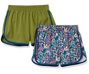 Amazon Essentials Short de Running Active Fille, Lot de 2, Vert Olive Fleuri, 8 ans