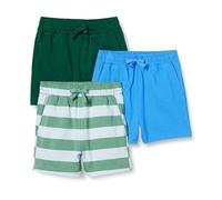 Amazon Essentials Short en jersey de coton Garçon, Lot de 3, Bleu Vif/Motif Rayures Rugby/Vert Foncé, 3 ans