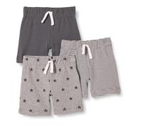 Amazon Essentials Shorts à Enfiler en Coton - couleurs abandonnées Mixte Bébé, Lot de 3, Blanc Rayures/Gris Chiné Étoiles/Noir, 6-9 mois