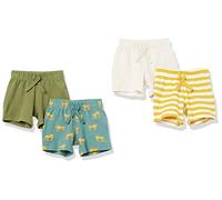 Amazon Essentials Shorts à Enfiler en Coton - couleurs abandonnées Mixte Bébé, Lot de 4, Jaune Rayures/Vert Olive/Vert Sarcelle Délavé Gros Chats/Écru, Prématuré