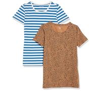 Amazon Essentials T-Shirt à Manches Courtes, Coupe Standard (Ras-de-Cou et Col en V) Femme, Pack of 2, Bleu Rayures/Chameau Animal, XL