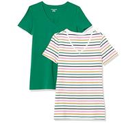 Amazon Essentials T-Shirt à Manches Courtes, Coupe Standard (Ras-de-Cou et Col en V) Femme, Pack of 2, Blanc Rayures/Vert, S