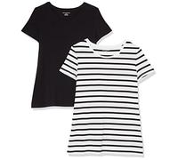 Amazon Essentials T-Shirt à Manches Courtes, Coupe Standard (Ras-de-Cou et Col en V) Femme, Pack of 2, Blanc Rayures/Noir, S