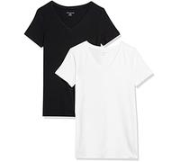 Amazon Essentials T-Shirt à Manches Courtes, Coupe Standard (Ras-de-Cou et Col en V) Femme, Pack of 2, Noir/Blanc, XL