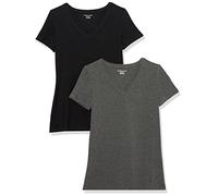 Amazon Essentials T-Shirt à Manches Courtes, Coupe Standard (Ras-de-Cou et Col en V) Femme, Pack of 2, Noir/Charbon Chiné, S