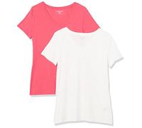 Amazon Essentials T-Shirt à Manches Courtes, Coupe Standard (Ras-de-Cou et Col en V) Femme, Pack of 2, Rose Vif/Blanc, XS