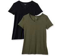 Amazon Essentials T-Shirt à Manches Courtes, Coupe Standard (Ras-de-Cou et Col en V) Femme, Pack of 2, Vert Olive/Noir, XS