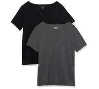 Amazon Essentials T-shirt À Manches Courtes et Col En V, Grande Taille Femme, Lot de 2, Noir/Charbon Chiné, XXL Grande taille
