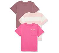 Amazon Essentials T-shirt à manches courtes moderne Mixte Enfante, Lot de 3, Blanc Motif Rayures Rugby/Rose Imprimé Texte/Rosé Grisé, 2 ans