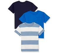 Amazon Essentials T-shirt à manches courtes moderne Mixte Enfante, Lot de 3, Blanc Motif Rayures Rugby/Bleu Marine Foncé/Bleu Vif, 8 ans