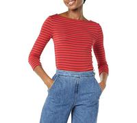Amazon Essentials T-shirt Col Bateau Coupe Ajustée à Manches 3/4 Femme, Rouge Bordeaux Rayures, XXL