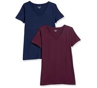 Amazon Essentials T-Shirt Col en V, à Manches Courtes, Coupe Standard Femme, Lot de 2, Bordeaux/Bleu Marine, L
