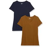 Amazon Essentials T-Shirt Col en V, à Manches Courtes, Coupe Standard Femme, Lot de 2, Brun Châtaigne Foncé/Bleu Marine, XS