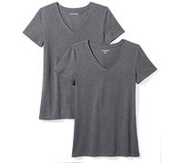 Amazon Essentials T-Shirt Col en V, à Manches Courtes, Coupe Standard Femme, Lot de 2, Charbon Chiné, S