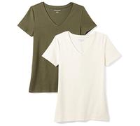 Amazon Essentials T-Shirt Col en V, à Manches Courtes, Coupe Standard Femme, Lot de 2, Vert Olive/Avoine Chiné, XXL