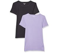 Amazon Essentials T-Shirt Col Rond à Manches Courtes Coupe Ajustée Femme, Lot de 2, Noir/Lavande, L