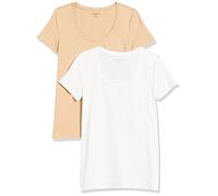 Amazon Essentials T-Shirt Col Rond à Manches Courtes, Coupe Classique (Disponible en Grande Taille) Femme, Lot de 2, Blanc/Fauve Clair, XXL