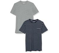 Amazon Essentials T-Shirt Col Rond à Une Poche et Manches Courtes Homme, Lot de 2, Bleu Marine Rayures/Gris Chiné, L