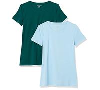 Amazon Essentials T-Shirt Ras-Du-Cou à Manches Courtes, Coupe Standard Femme, Lot de 2, Bleu Poudré/Vert Foncé, M