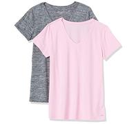 Amazon Essentials T-shirt Stretch et Quick Dry, Col en V et Manches Courtes (Disponible en Grande Taille) Femme, Lot de 2, Gris - Peinture Spatiale - Rose Clair, S