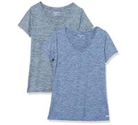 Amazon Essentials T-shirt Stretch et Quick Dry, Col en V et Manches Courtes (Disponible en Grande Taille) Femme, Lot de 2, Bleu Marine Chiné/Noir Chiné, XS