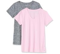 Amazon Essentials T-shirt Stretch et Quick Dry, Col en V et Manches Courtes (Disponible en Grande Taille) Femme, Lot de 2, Gris Teinture Spatiale/Rose Clair, L