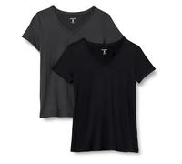 Amazon Essentials T-shirt Stretch et Quick Dry, Col en V et Manches Courtes (Disponible en Grande Taille) Femme, Lot de 2, Gris Graphite Chiné/Noir, S