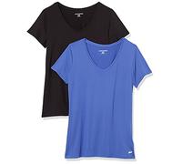 Amazon Essentials T-shirt Stretch et Quick Dry, Col en V et Manches Courtes (Disponible en Grande Taille) Femme, Lot de 2, Bleu Vif/Noir, XS