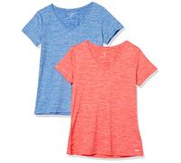 Amazon Essentials T-shirt Stretch et Quick Dry, Col en V et Manches Courtes (Disponible en Grande Taille) Femme, Lot de 2, Bleu Clair Teinture Spatiale/Orange Corail Teinture Spatiale, L