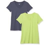Amazon Essentials T-shirt Stretch et Quick Dry, Col en V et Manches Courtes (Disponible en Grande Taille) Femme, Lot de 2, Gris Ardoise/Vert Citron, XS