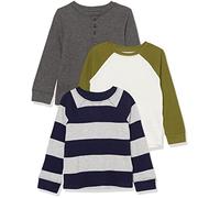 Amazon Essentials T-shirt thermique en maille à manches longues Garçon, Lot de 3, Blanc/Gris Foncé/Gris Motif Rayures Rugby, 3 ans